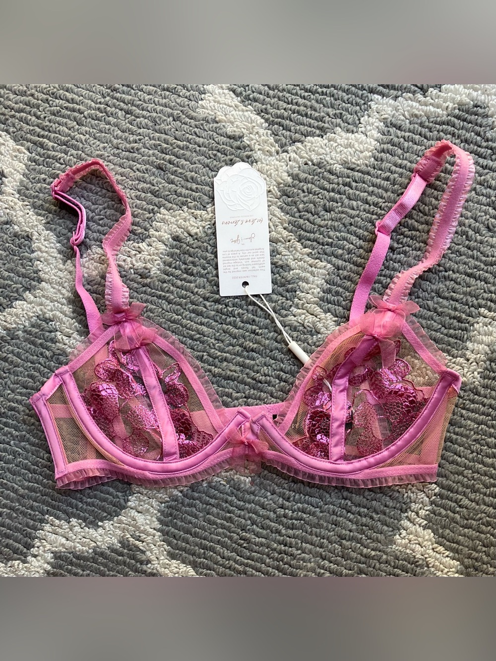 For Love & Lemons Pink Sheer Embroidered Sequin Underwire Bra